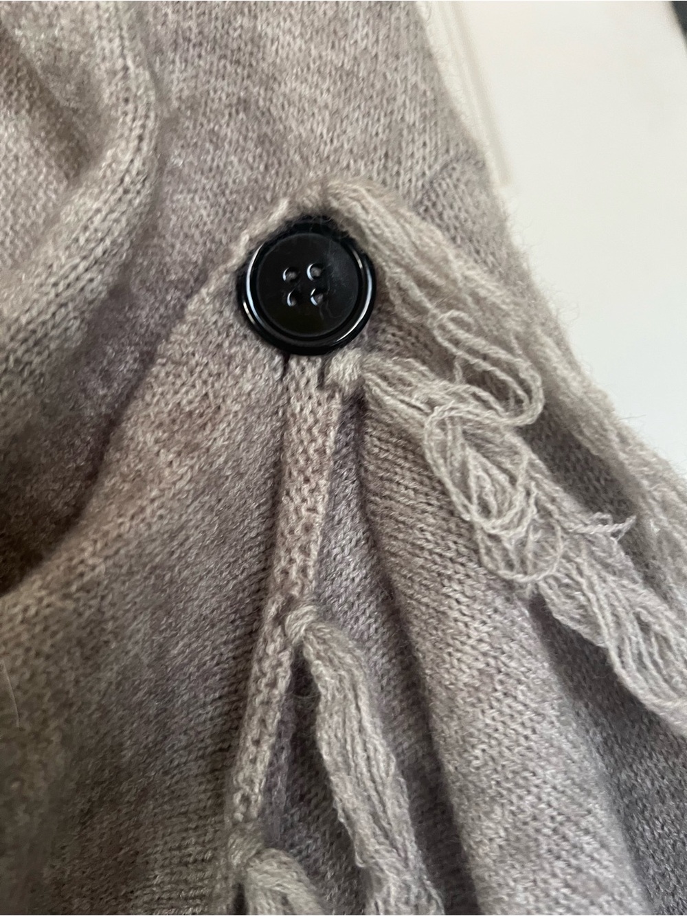 Boho Asymmetrical Fringe Wrap Cardigan Sweater Draped Cowl Neck Knit Taupe L - Picture 3 of 4